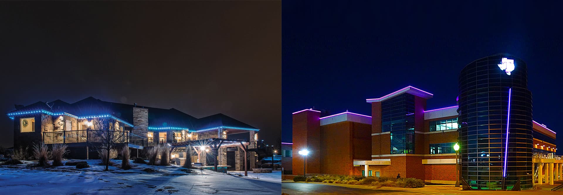 Oelo permanent lighting on a residential clubhouse and a commercial municipal building